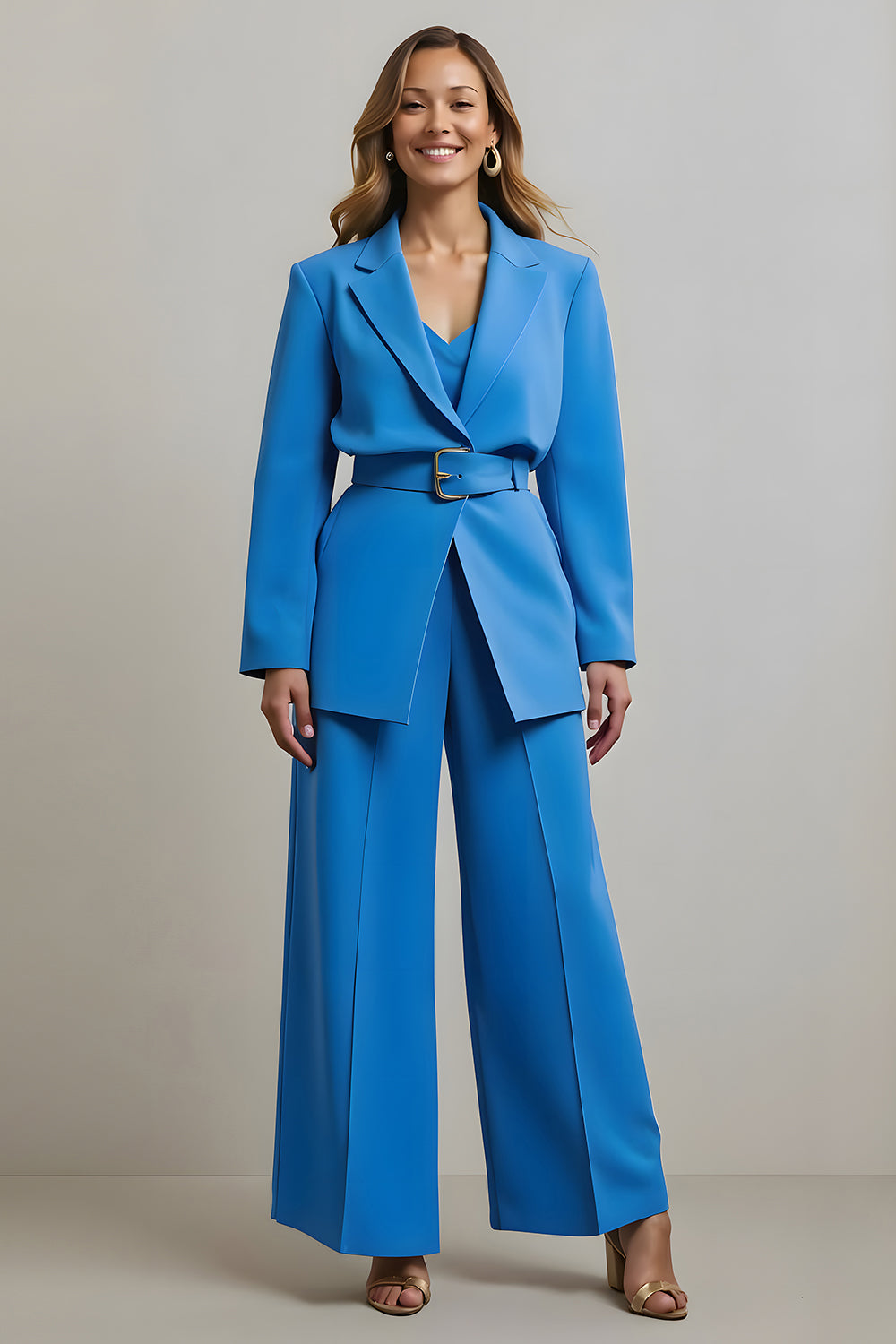 Blue Notched Lapel 2 Piece Women Prom Suits with Belts