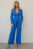 Blue 2 Piece Satin Single Breasted Business Suits with Pockets