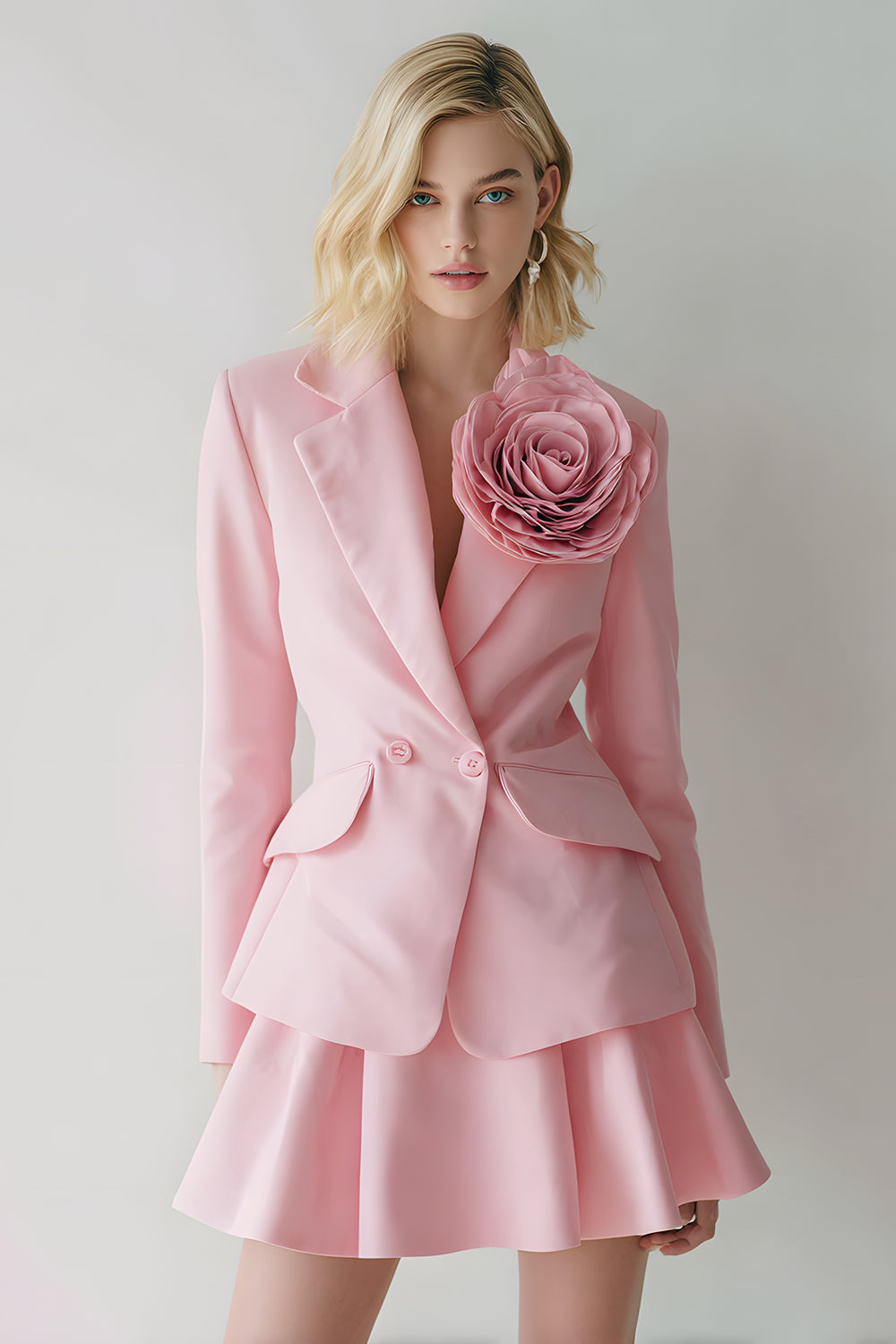 Pink 2 Piece Satin Notched Lapel Short Business Suits with 3D Flower