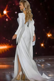 White Mermaid Long Sleeve Pageant Dress with Sash
