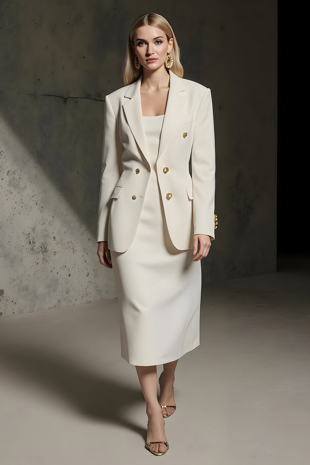 Ivory 2 Piece Notched Lapel Pencil Midi Business Suits