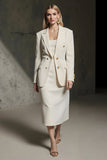 Ivory 2 Piece Notched Lapel Pencil Midi Business Suits
