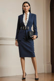 Navy 2 Piece Peak Lapel Pencil Midi Business Suits with Belt