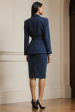 Navy 2 Piece Peak Lapel Pencil Midi Business Suits with Belt