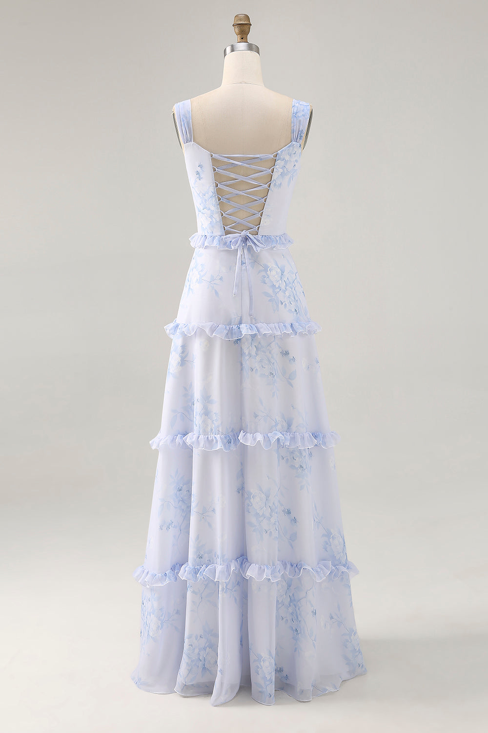 Blue Flower Ruffled Printed A Line Long Wedding Guest Dress