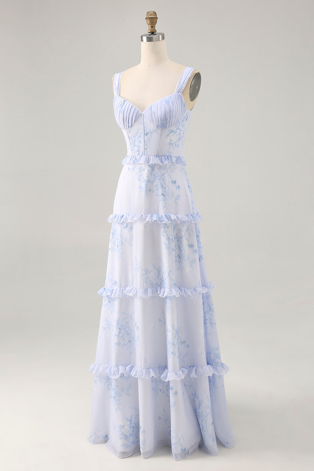Blue Flower Ruffled Printed A Line Long Wedding Guest Dress