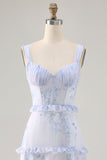 Blue Flower Ruffled Printed A Line Long Wedding Guest Dress