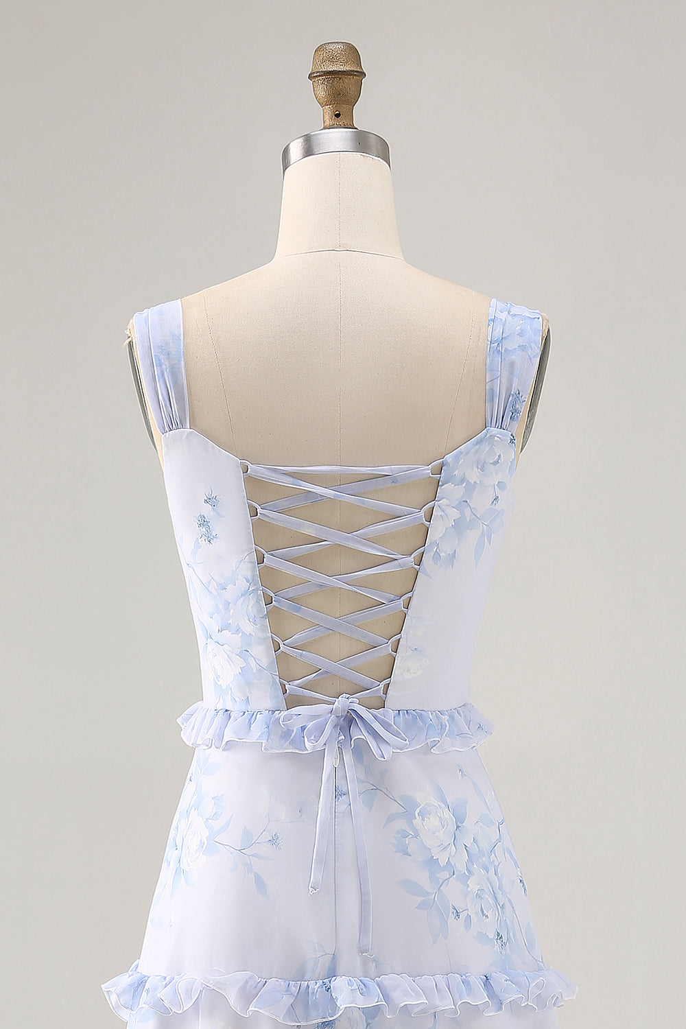 Blue Flower Ruffled Printed A Line Long Wedding Guest Dress