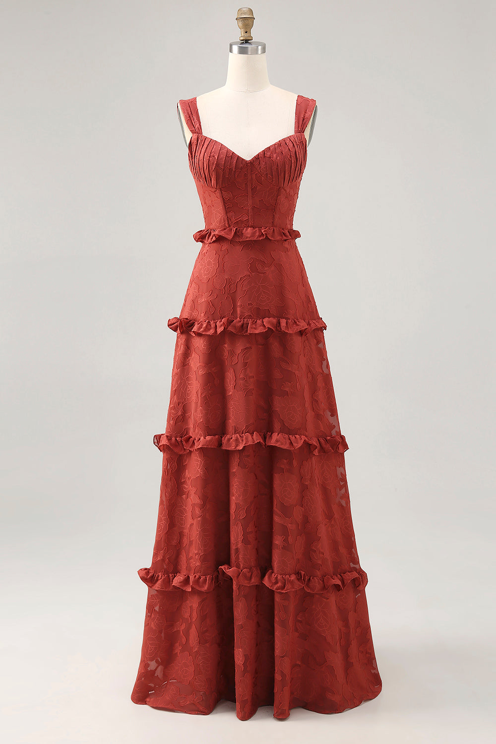 Floral Terracotta Ruffled A Line Long Wedding Guest Dress