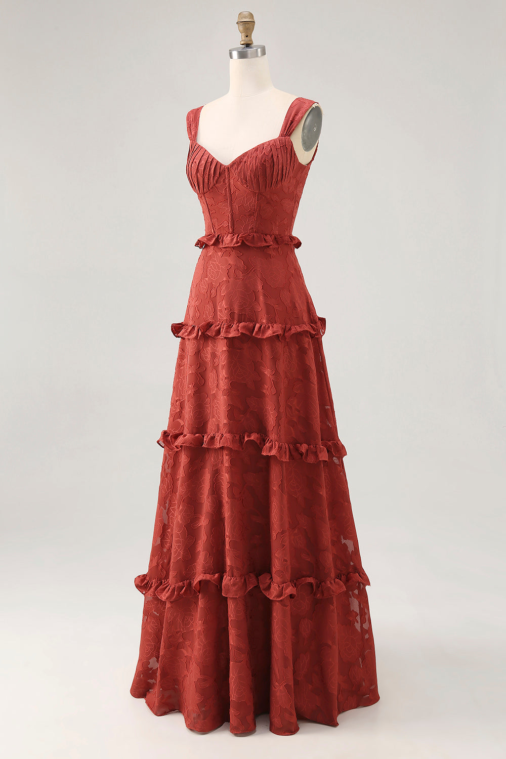 Floral Terracotta Ruffled A Line Long Wedding Guest Dress