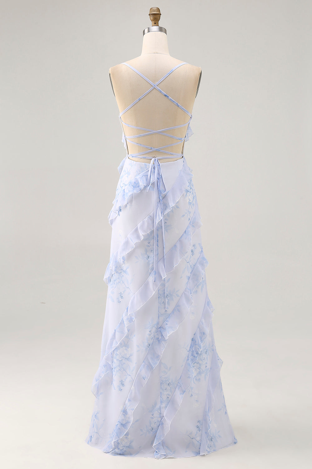 Blue Flower Spaghetti Straps Printed Wedding Guest Dress with Ruffles