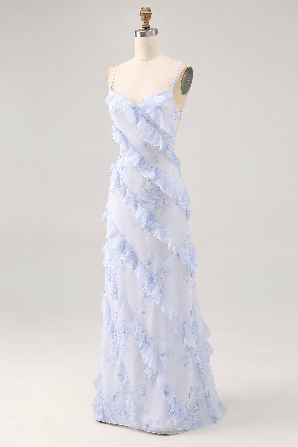 Blue Flower Spaghetti Straps Printed Wedding Guest Dress with Ruffles