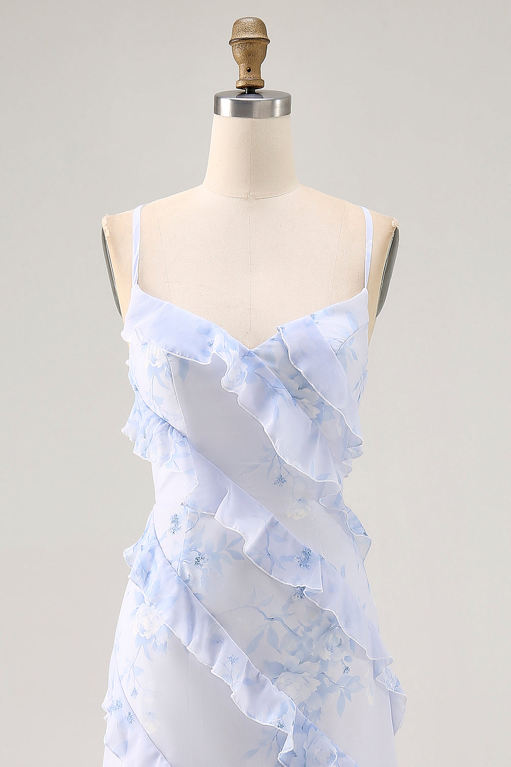 Blue Flower Spaghetti Straps Printed Wedding Guest Dress with Ruffles