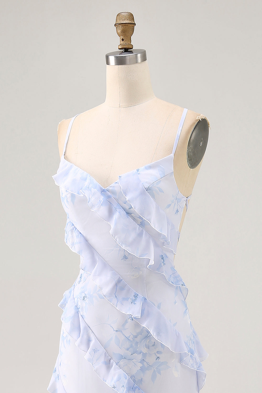 Blue Flower Spaghetti Straps Printed Wedding Guest Dress with Ruffles