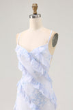 Blue Flower Spaghetti Straps Printed Wedding Guest Dress with Ruffles