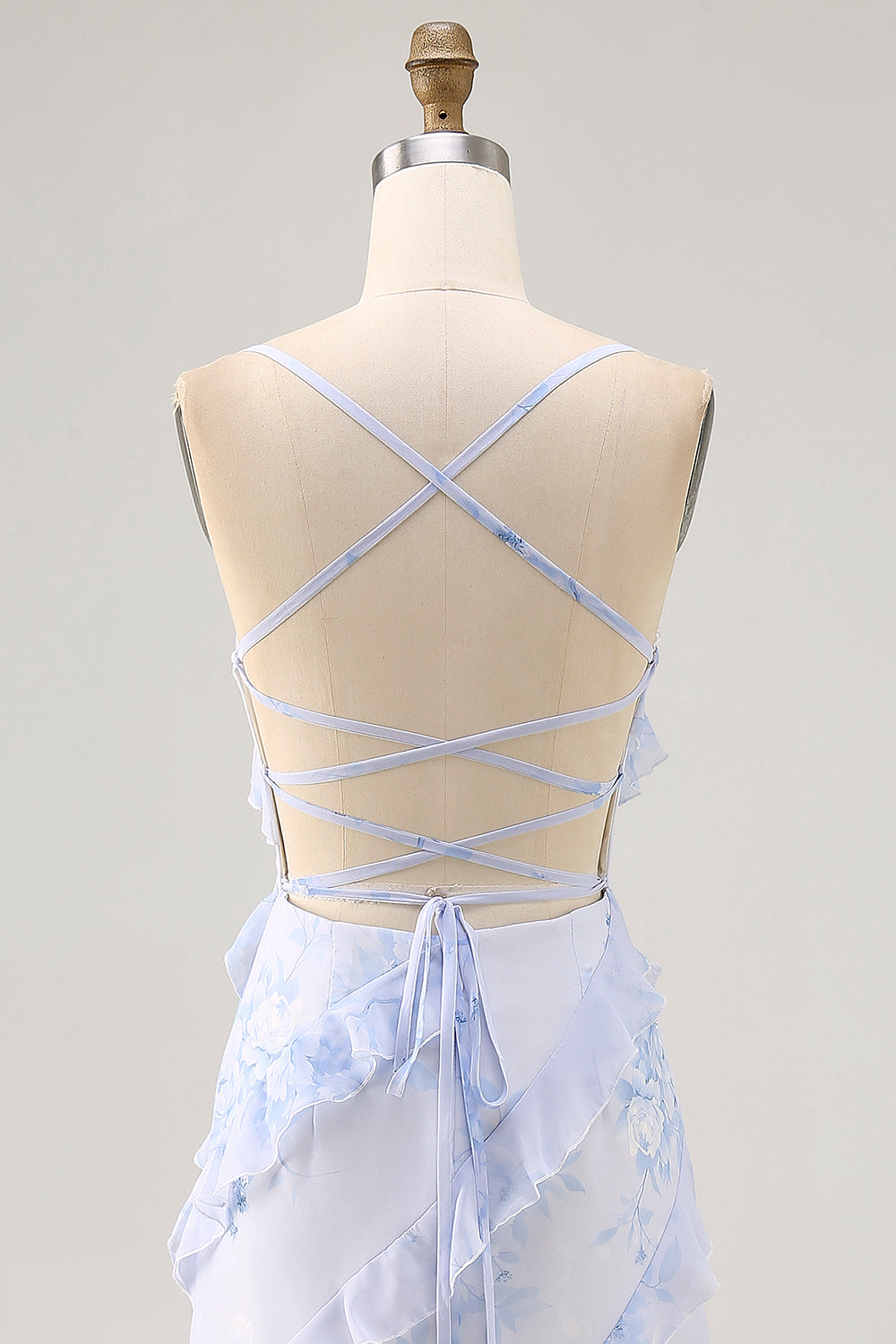 Blue Flower Spaghetti Straps Printed Wedding Guest Dress with Ruffles