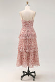 Blush Flower A Line Spaghetti Straps Printed Tiered Wedding Guest Dress