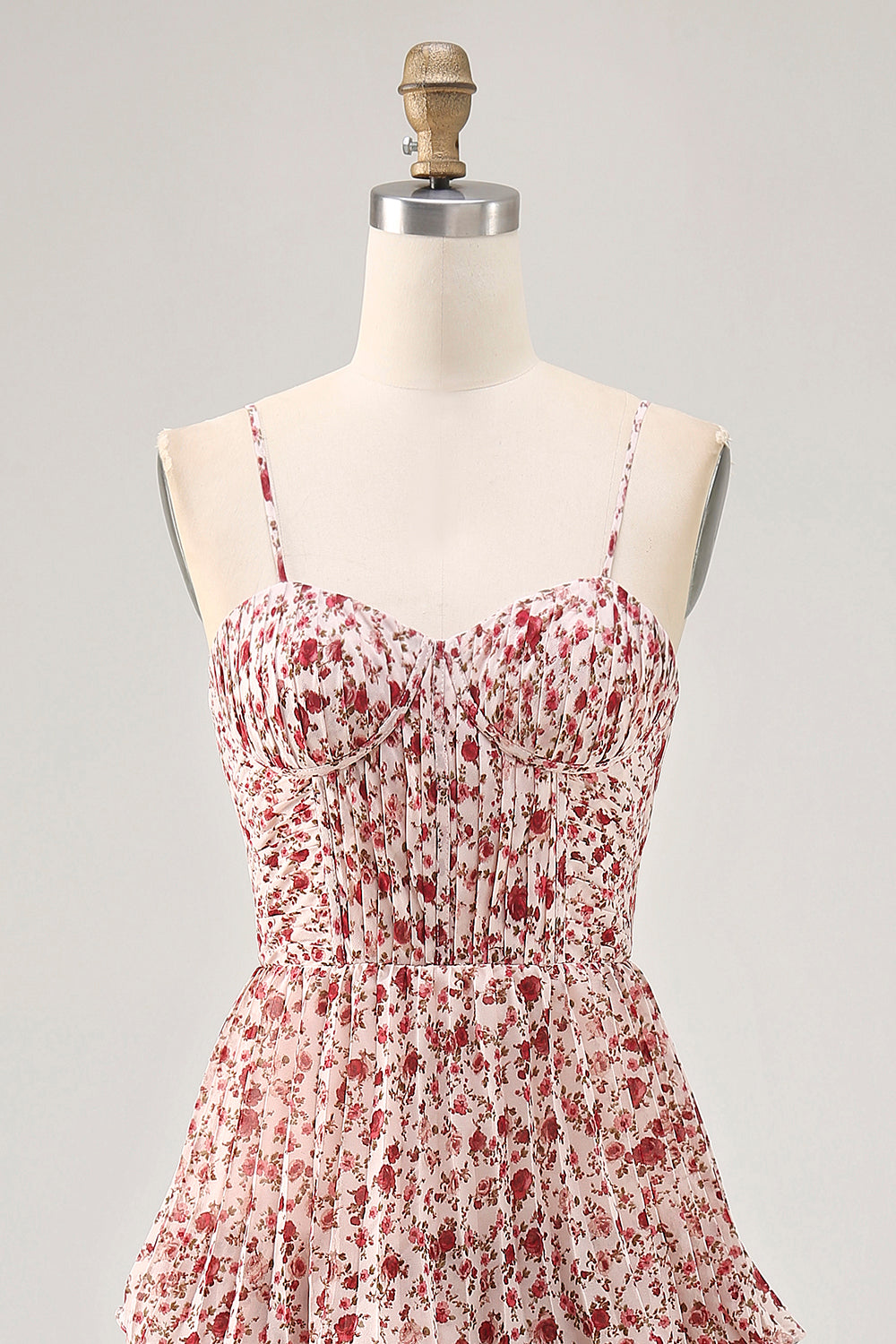 Blush Flower A Line Spaghetti Straps Printed Tiered Wedding Guest Dress