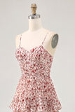 Blush Flower A Line Spaghetti Straps Printed Tiered Wedding Guest Dress