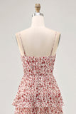 Blush Flower A Line Spaghetti Straps Printed Tiered Wedding Guest Dress