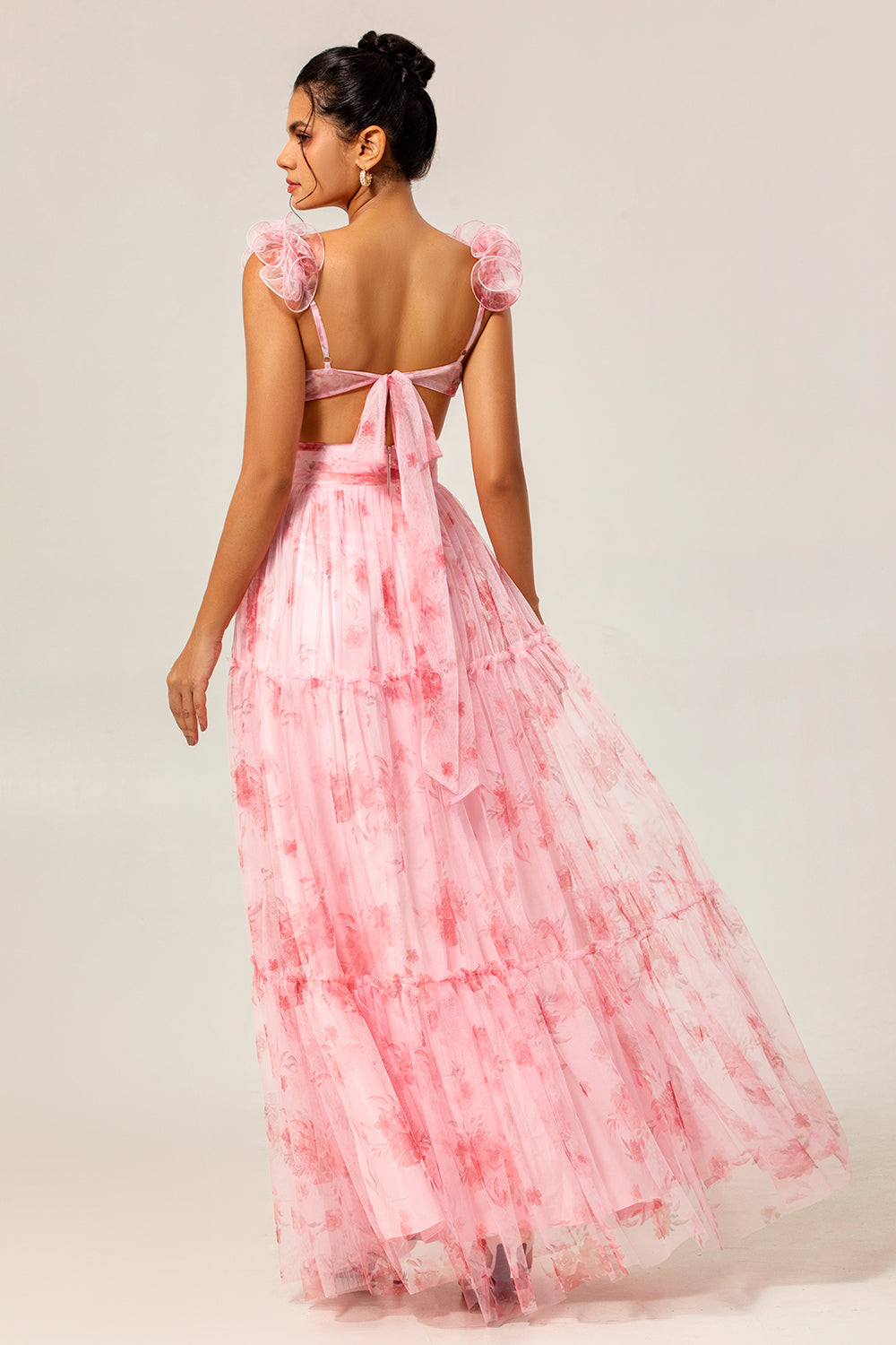 Blush Floral A Line Ruffled Tulle Long Bridesmaid Dress