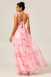 Blush Floral A Line Ruffled Tulle Long Bridesmaid Dress