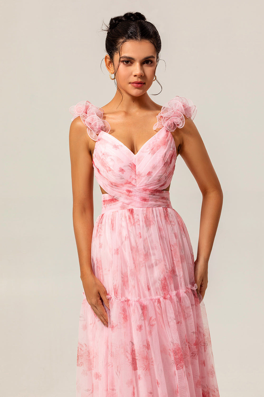 Blush Floral A Line Ruffled Tulle Long Bridesmaid Dress