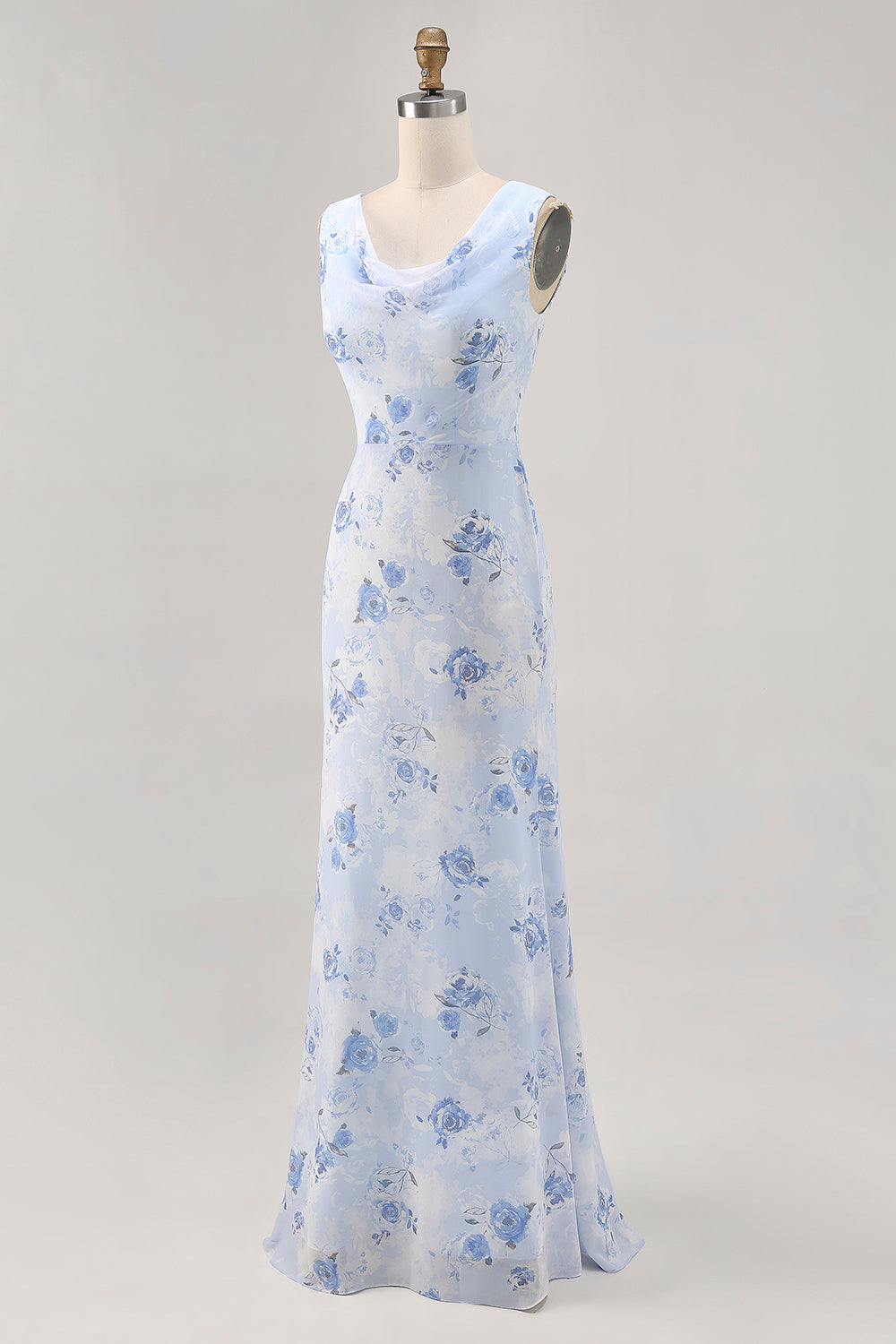 Blue Flower Cowl Neck Sheath Long Wedding Guest Dress