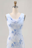 Blue Flower Cowl Neck Sheath Long Wedding Guest Dress