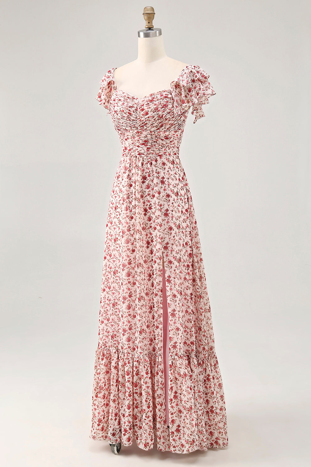 Blush Flower Printed Ruched A Line Wedding Guest Dress with Slit