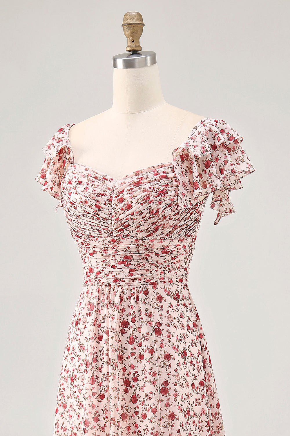 Blush Flower Printed Ruched A Line Wedding Guest Dress with Slit