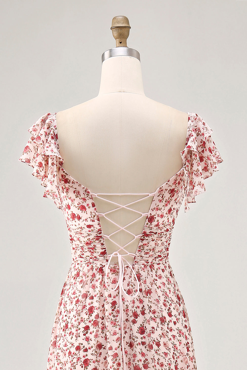 Blush Flower Printed Ruched A Line Wedding Guest Dress with Slit