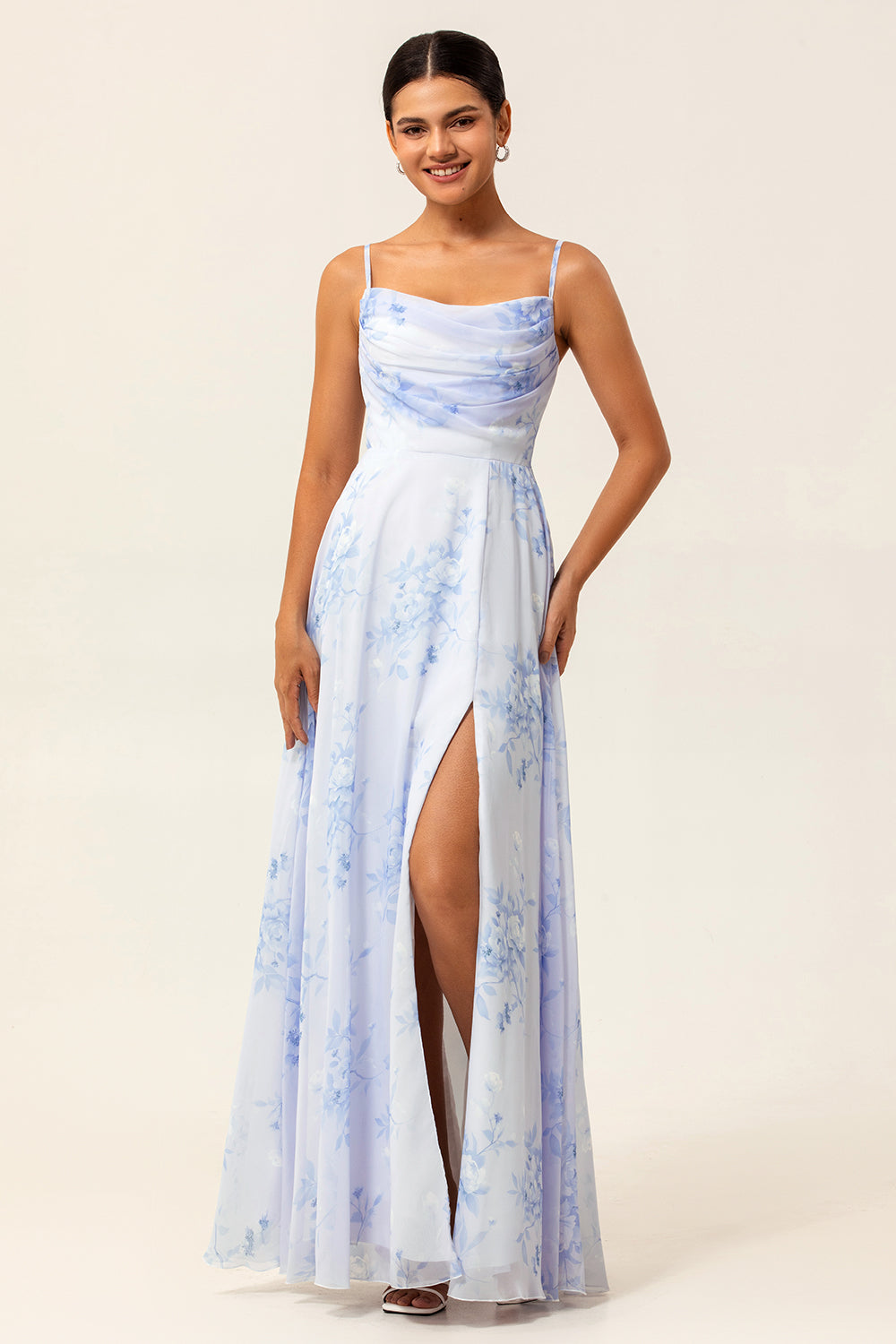 Blue Floral Spaghetti Straps A Line Long Bridesmaid Dress with Slit