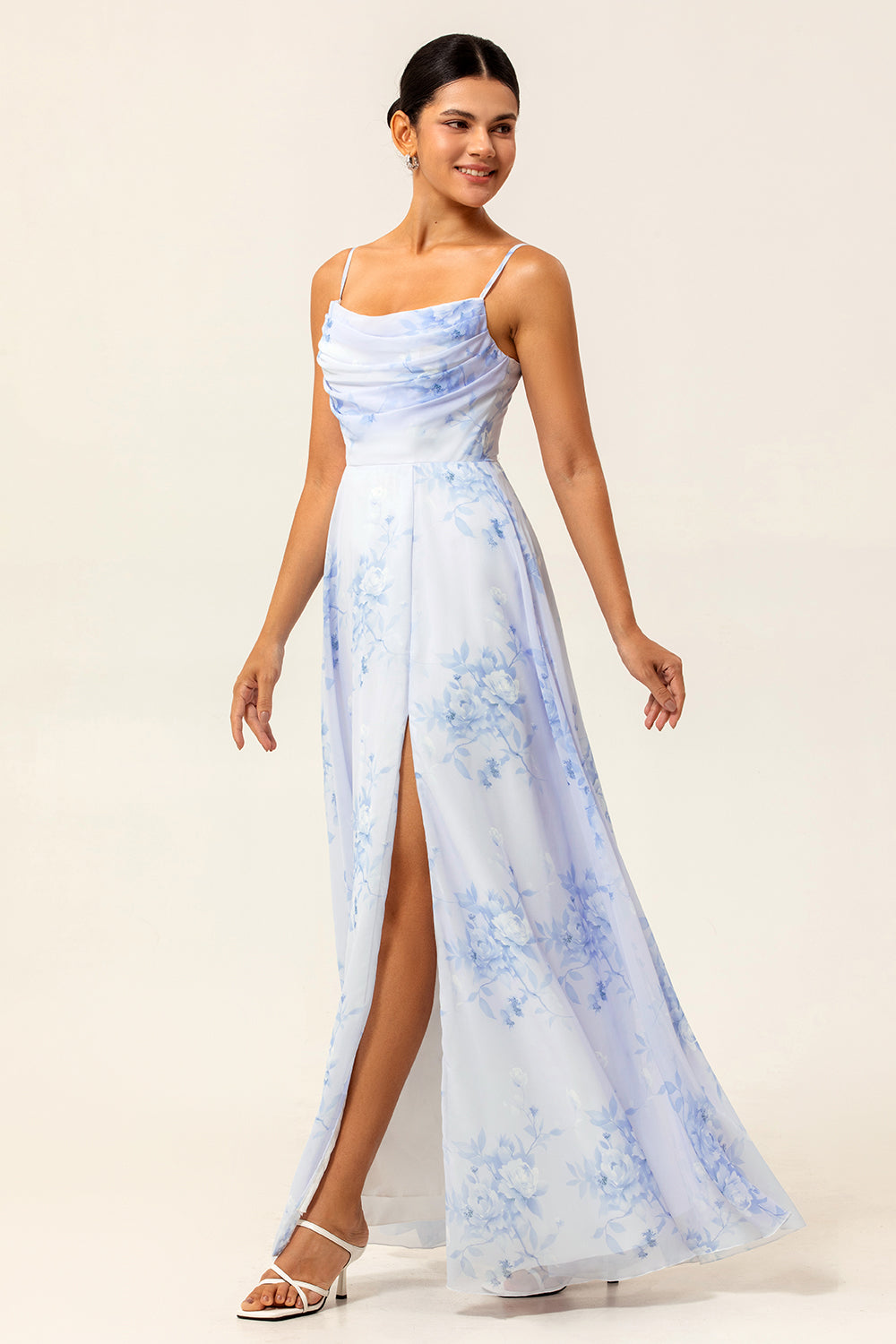 Blue Floral Spaghetti Straps A Line Long Bridesmaid Dress with Slit