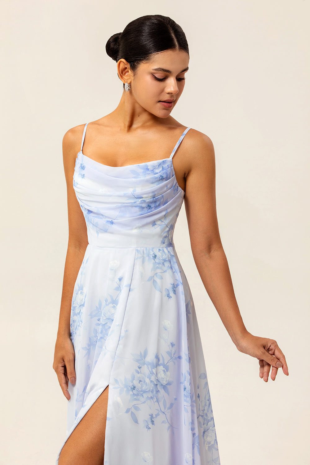 Blue Floral Spaghetti Straps A Line Long Bridesmaid Dress with Slit