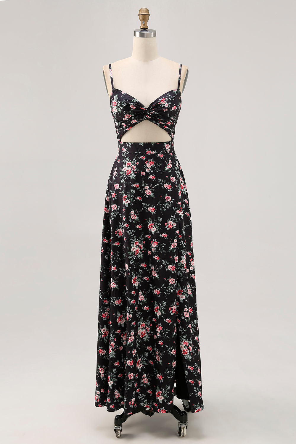 Black Flower Cut Out A Line Long Wedding Guest Dress