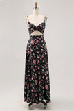 Black Flower Cut Out A Line Long Wedding Guest Dress