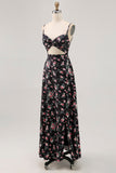Black Flower Cut Out A Line Long Wedding Guest Dress