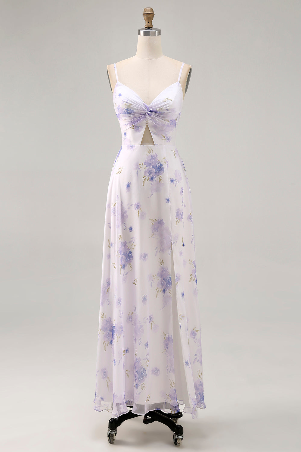 Lavender Flower Spaghetti Straps Cut Out Wedding Guest Dress with Slit
