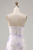 Lavender Flower Spaghetti Straps Cut Out Wedding Guest Dress with Slit
