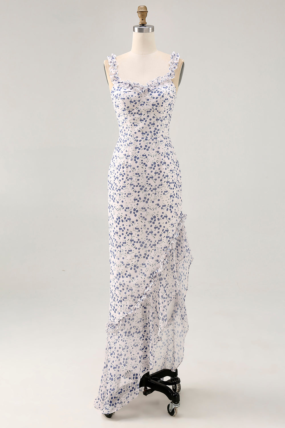 Floral Ruffled Printed Sheath Blue Asymmetrical Wedding Guest Dress