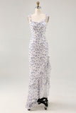 Floral Ruffled Printed Sheath Blue Asymmetrical Wedding Guest Dress