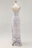 Floral Ruffled Printed Sheath Blue Asymmetrical Wedding Guest Dress