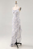 Floral Ruffled Printed Sheath Blue Asymmetrical Wedding Guest Dress