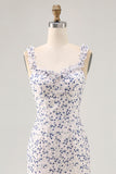 Floral Ruffled Printed Sheath Blue Asymmetrical Wedding Guest Dress