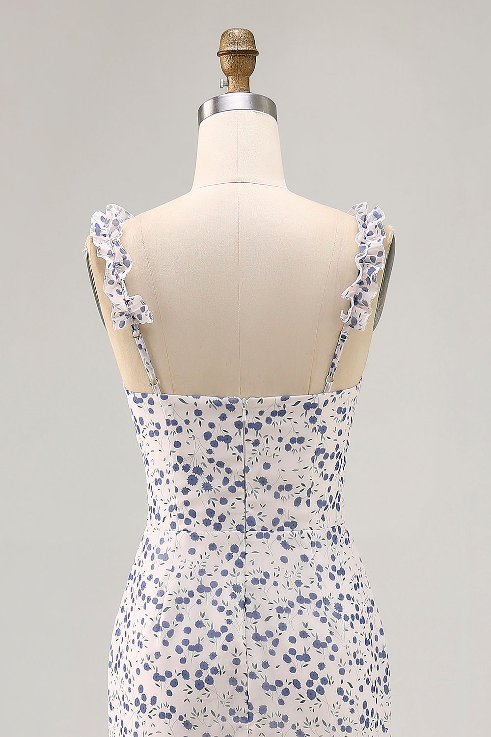 Floral Ruffled Printed Sheath Blue Asymmetrical Wedding Guest Dress