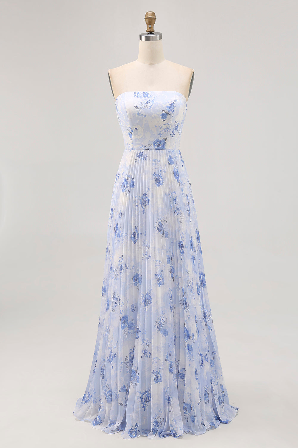 Blue Floral A Line Strapless Pleated Long Bridesmaid Dress
