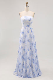 Blue Floral A Line Strapless Pleated Long Bridesmaid Dress