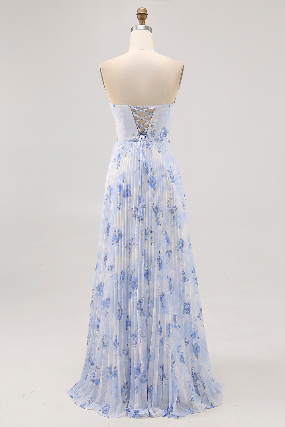 Blue Floral A Line Strapless Pleated Long Bridesmaid Dress