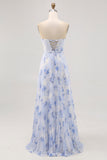 Blue Floral A Line Strapless Pleated Long Bridesmaid Dress